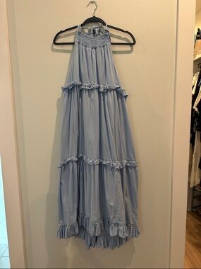 Light Blue Neck Tie Tiered Maxi Dress